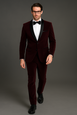Mens 1 Button Shawl Lapel Velvet Tuxedo in burgundy